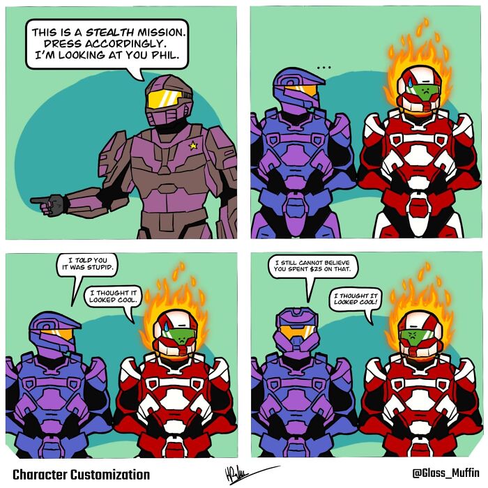 Comic panels showing characters in armor with one set on fire, depicting charming and absurd endings in comics by the artist.