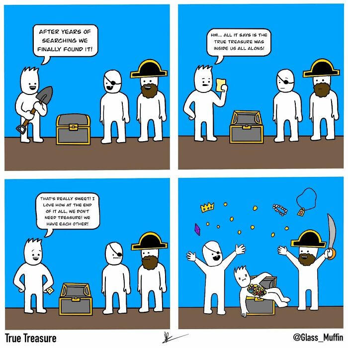 Comic scene showing characters finding true treasure inside, illustrating charming and absurd endings in comics by this artist.