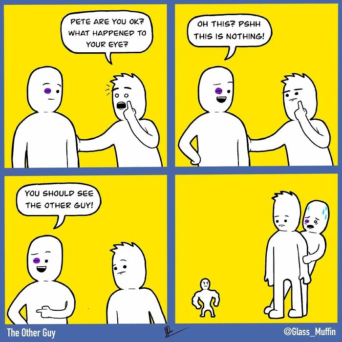 Comic strip with charming and absurd endings showing a black-eyed character and a surprising twist with a tiny other guy.