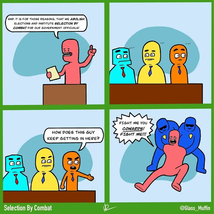 Colorful comic panels showing characters debating selection by combat and one character being restrained, illustrating comics with absurd endings.