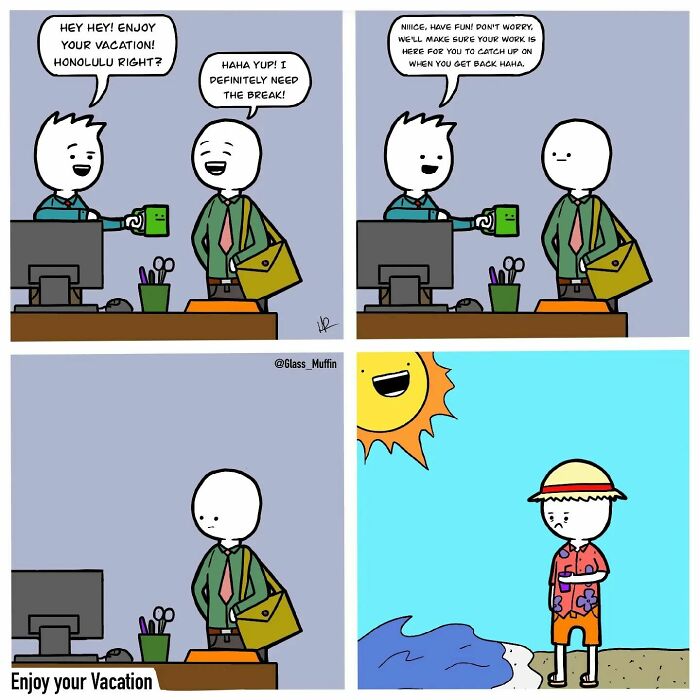 Comic strip showing a charming and absurd ending with a man at work and a twist vacation scene by artist Glass_Muffin.
