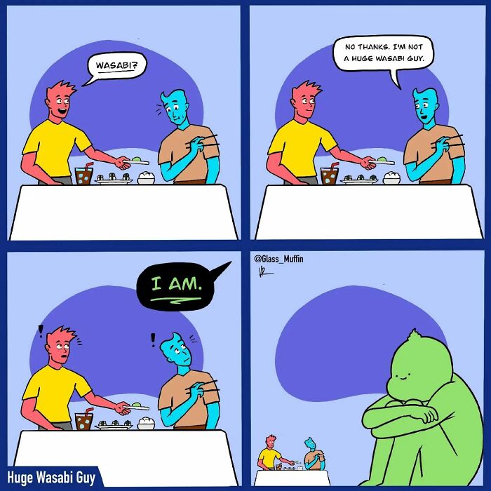 Comic panels showing a humorous interaction with wasabi, featuring charming and absurd comic endings by the artist.