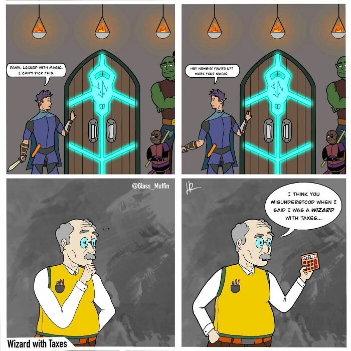 Comic panels depicting charming and absurd endings featuring a magic-locked door and a wizard with taxes.