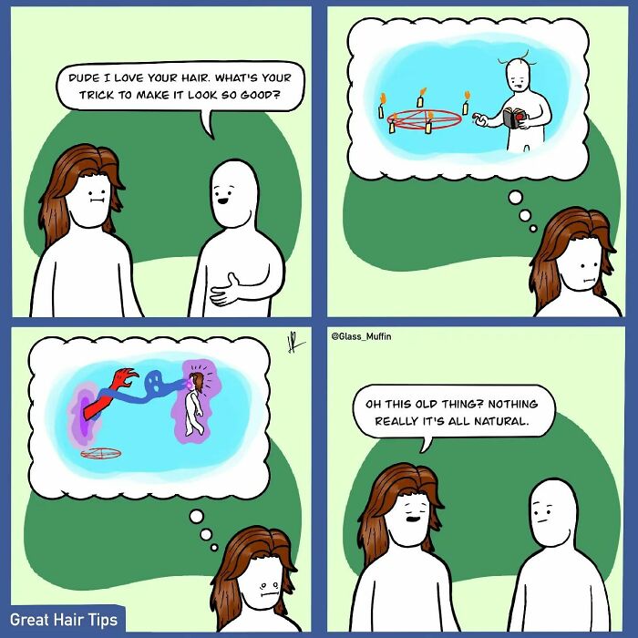 Comic strip with charming and absurd endings showing a humorous hair care secret revealed through mystical imagery.