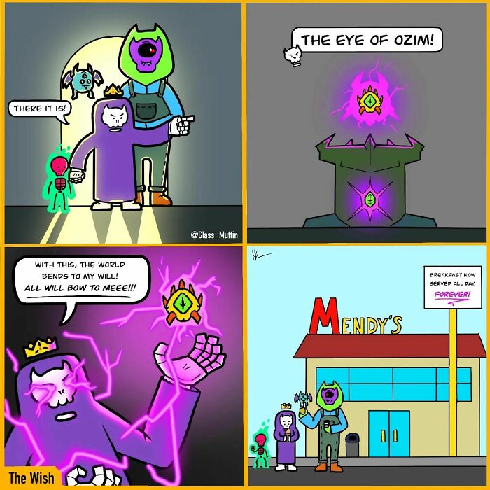 Colorful comic panels featuring charming and absurd endings with quirky characters and magical objects in a humorous style