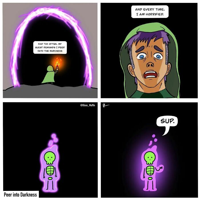 Comic panels showing a character peering into darkness, encountering a glowing skeleton saying sup, in charming and absurd comics.