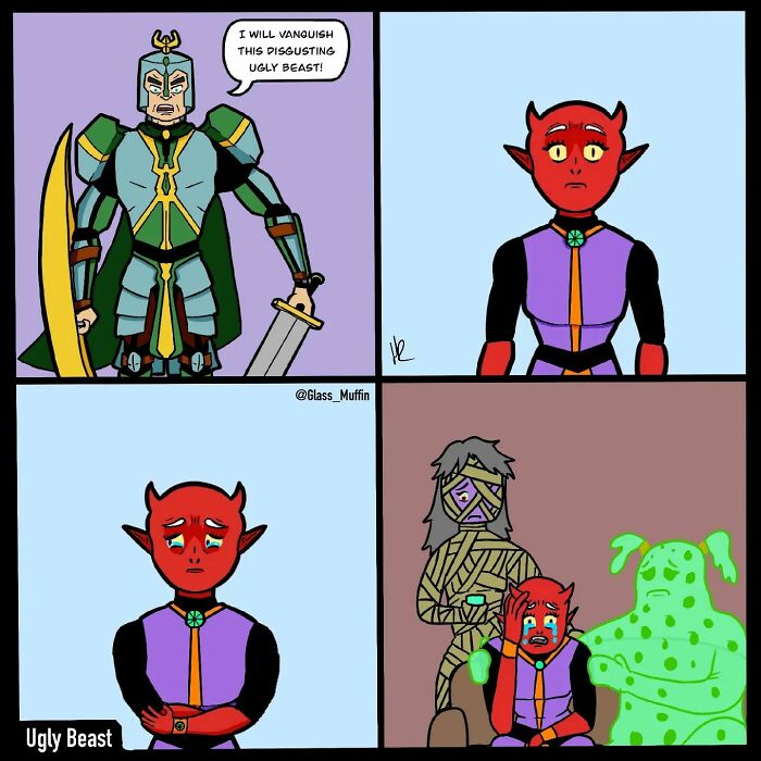 Comic panels show a knight declaring to vanquish an ugly beast, revealing a sad red demon and a hugging green monster.