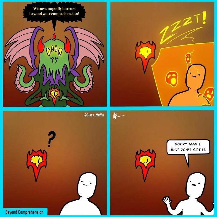 Absurd endings comic panels featuring quirky creature and confused character in a charming and humorous scene.