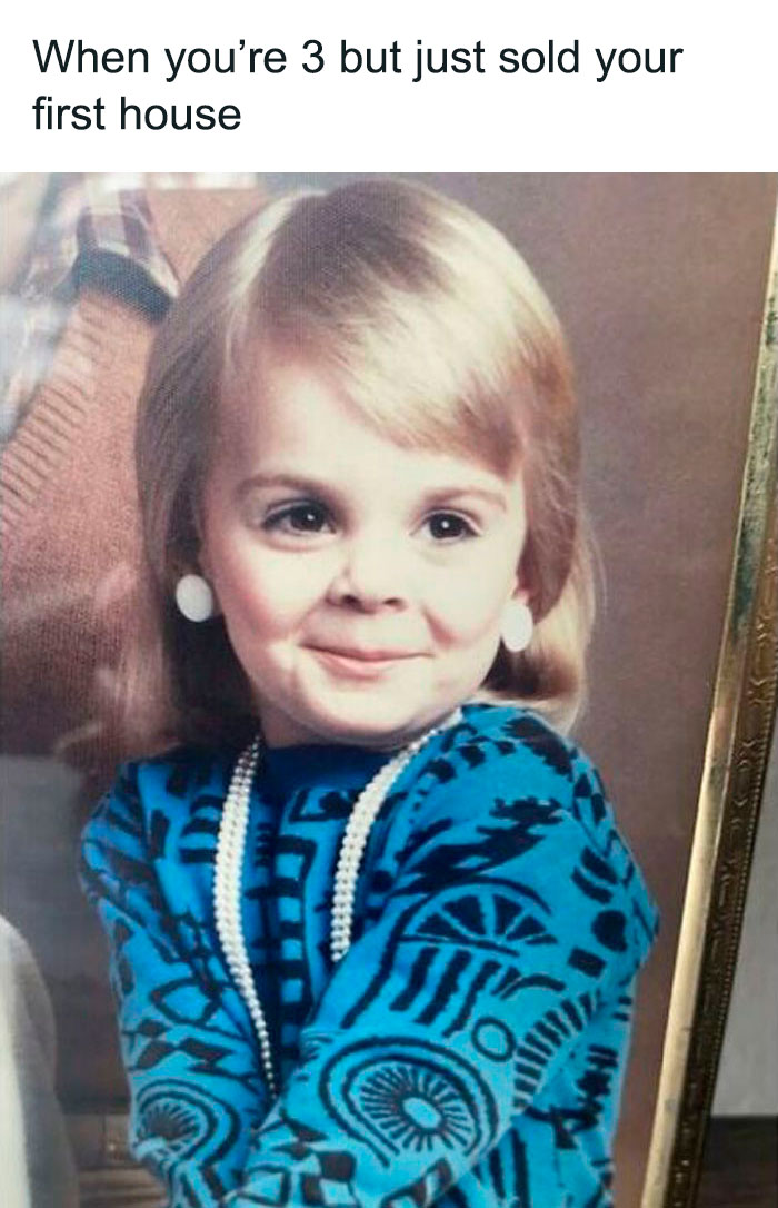 Child dressed as an adult realtor, humorous meme to brighten your day.