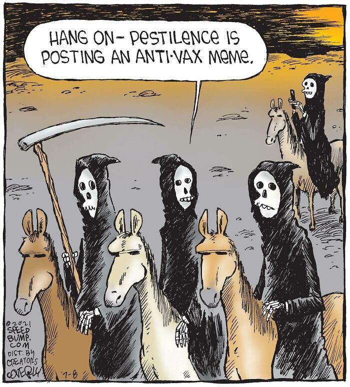 Cartoon of grim reapers on horses with one saying pestilence is posting an anti-vax meme in humor comic style
