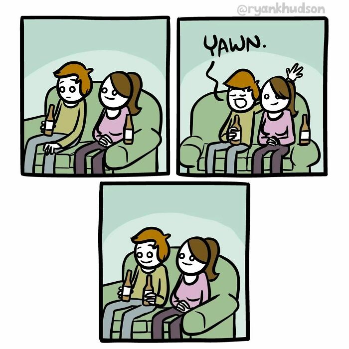 Two characters sitting on a couch, one yawning, holding drinks, by Ryan Hudson. Unexpectedly dark comic conclusion.