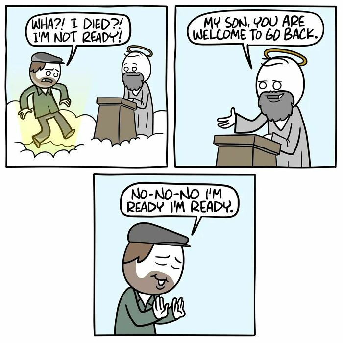 Comic by Ryan Hudson with a dark twist: a man meets an angel, reacts to unexpected news about his d***h.