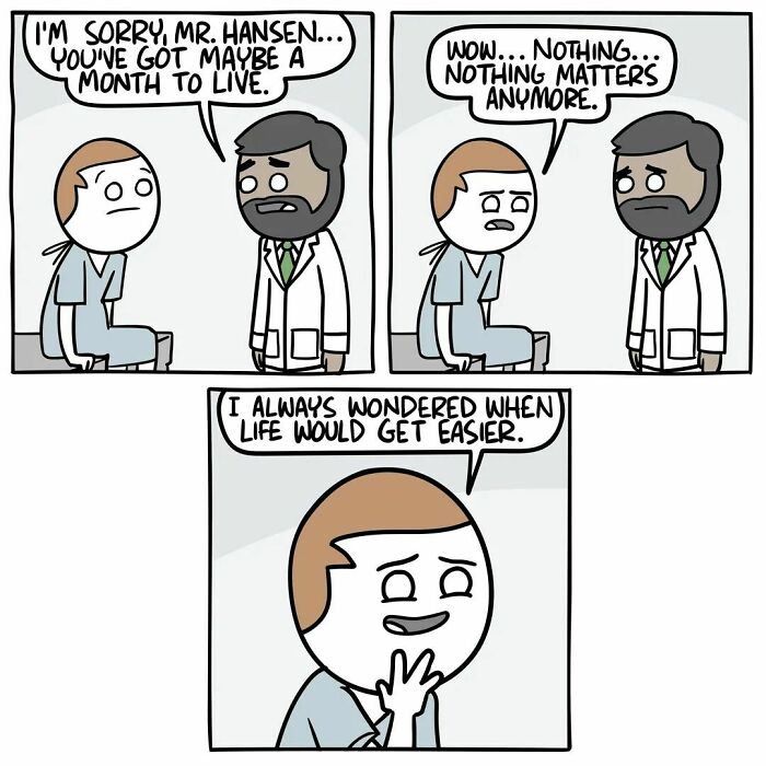 Comic strip by Ryan Hudson with a dark twist; patient responds to grim news with unexpected relief.