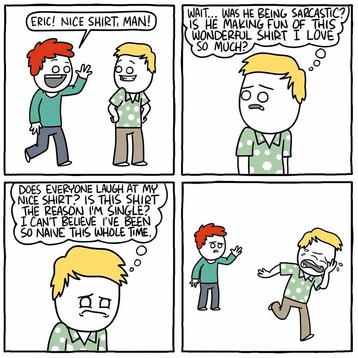 Comic by Ryan Hudson featuring a man distressed over a comment about his shirt.