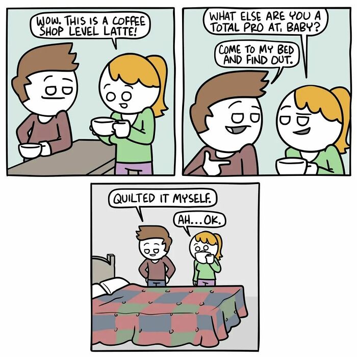Comic by Ryan Hudson with a dark conclusion, featuring two characters discussing coffee and bed skills.