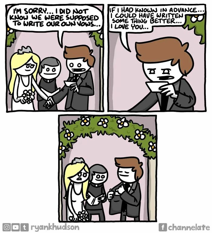 Comic by Ryan Hudson showing a bride and groom with an unexpectedly awkward wedding vows moment.