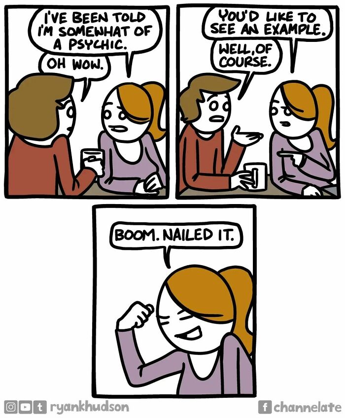 Two people at a table in Ryan Hudson comic, one claiming psychic abilities, with a comedic dark conclusion.