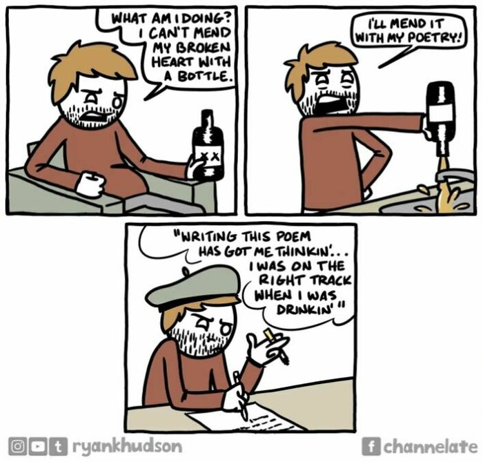 Man struggles creatively, finding solace in poetry and drink; a dark comic by Ryan Hudson.