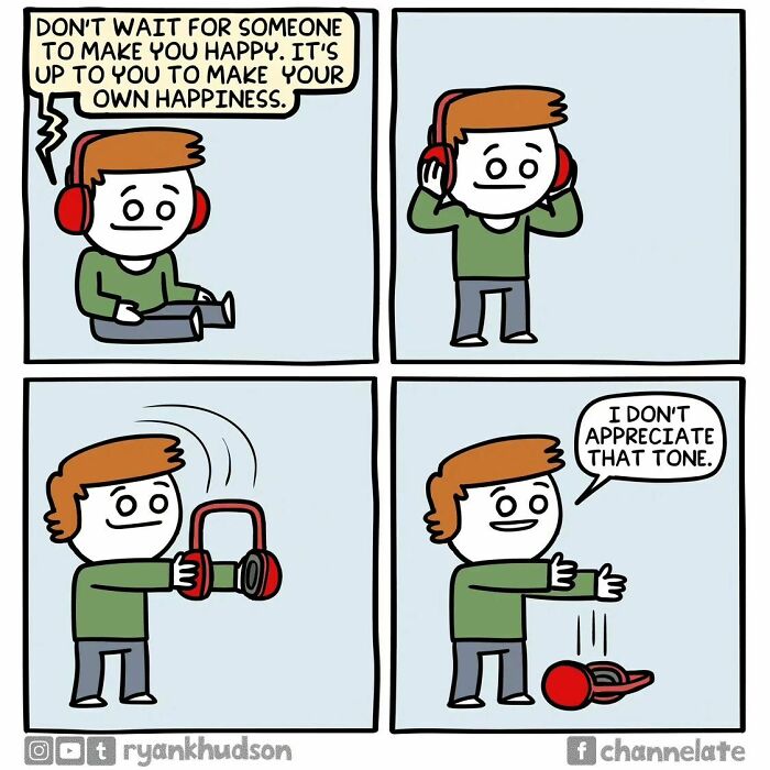 Comic character expresses annoyance with headphones, unexpected conclusion by Ryan Hudson.