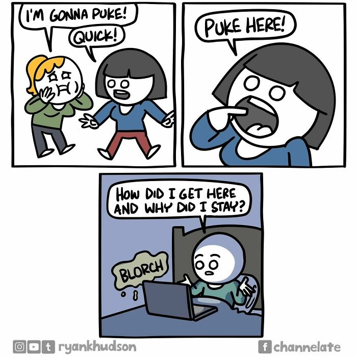 Comic by Ryan Hudson with characters having a darkly humorous exchange about an unexpected situation.