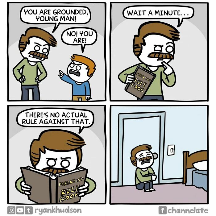 Comic by Ryan Hudson featuring a dad discovering a grounded loophole in a parenting rule book.