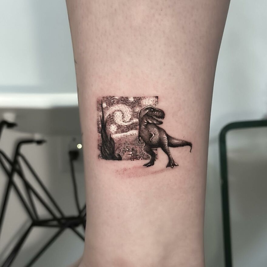 Single needle tattoo of a T-rex and Van Gogh's Starry Night on skin.