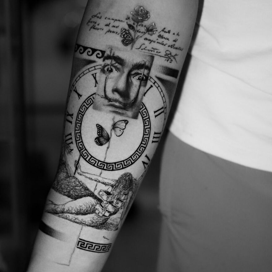 Single needle tattoo featuring a surreal design with a clock, face, butterfly, text, and floral elements on an arm.
