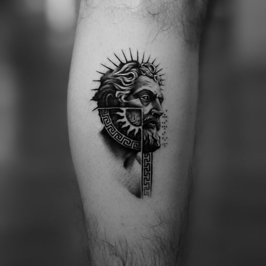 Single needle tattoo of a Roman-style deity on a person's leg, showcasing intricate detail and shading.