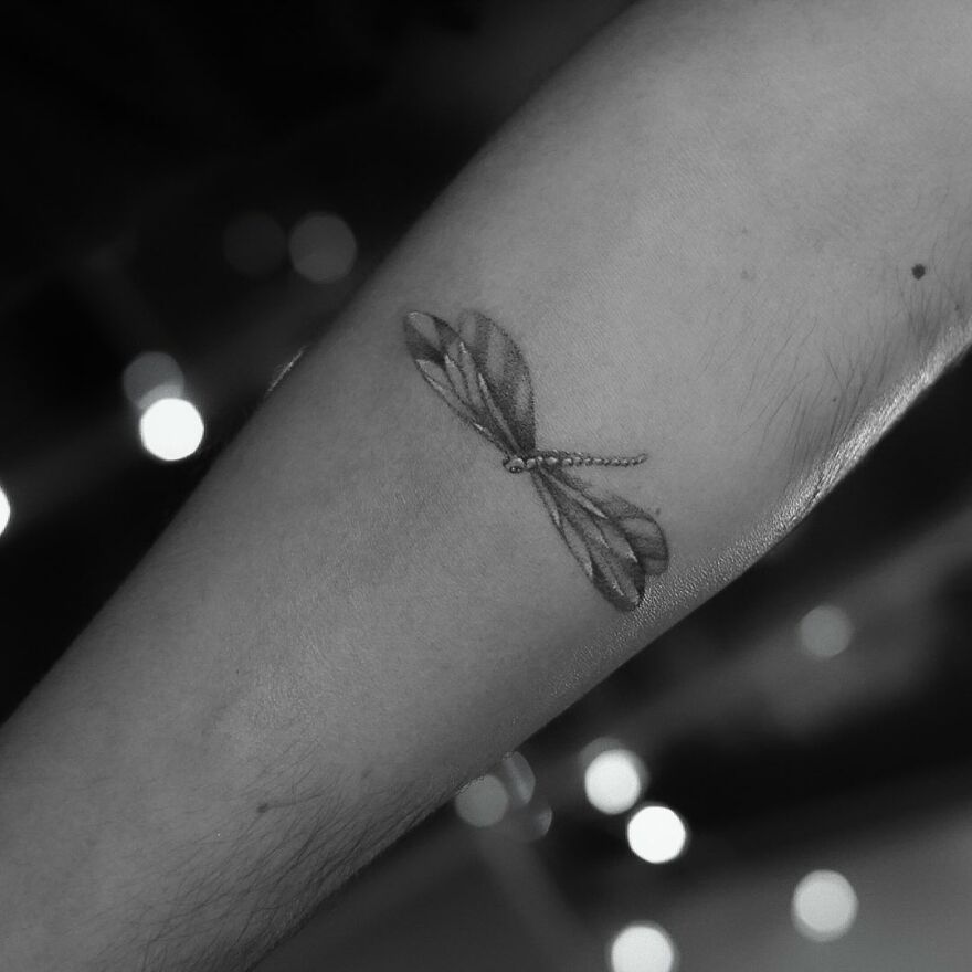 Single needle tattoo of a dragonfly on an arm, showcasing intricate design work.