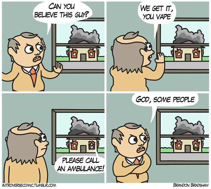 Comic with dark humor shows characters discussing a burning house outside the window with a twist ending.