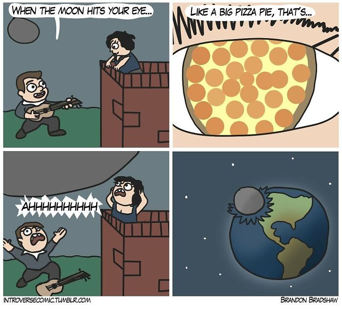 Dark comic panels showing a twist where the moon is depicted as a giant pizza, reflecting the artist's unexpected endings.