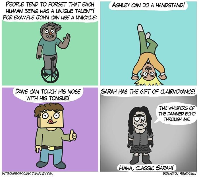 Comic panels showing unique talents like unicycle riding, handstands, and dark clairvoyance in a dark comics style with twists.