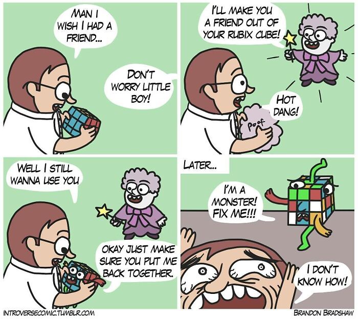 Dark comic panels showing a twisted story about a boy, a Rubik’s cube, and unexpected monster transformation.