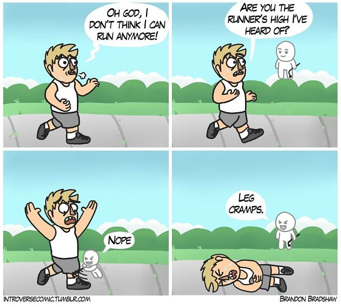 Cartoon from dark comics with twists showing a runner experiencing leg cramps after asking about runner's high.