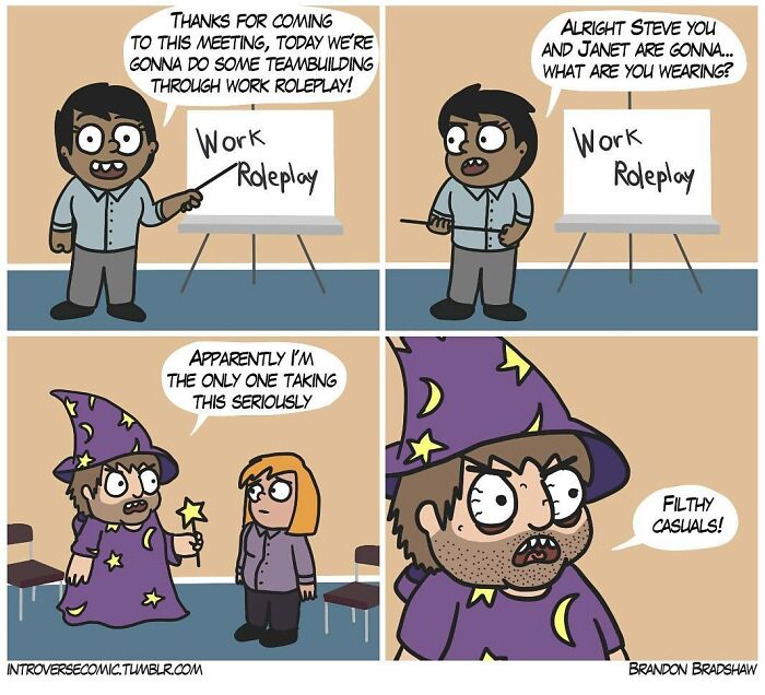 Dark comic panels showing a man leading a work roleplay meeting with a twist and unexpected ending.