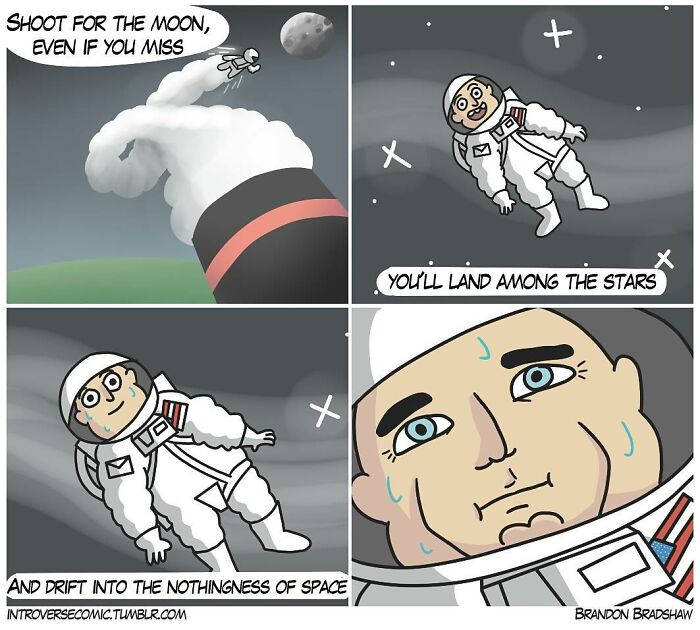 Dark comic panels showing an astronaut drifting alone in space, illustrating twists and unexpected endings.