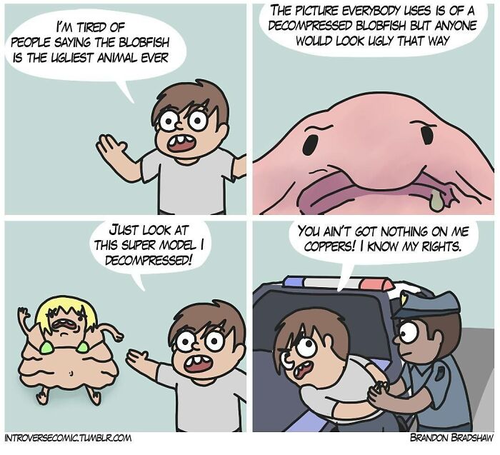 Comic strip by Brandon Bradshaw showing dark comics with twists featuring a blobfish and unexpected police scene.