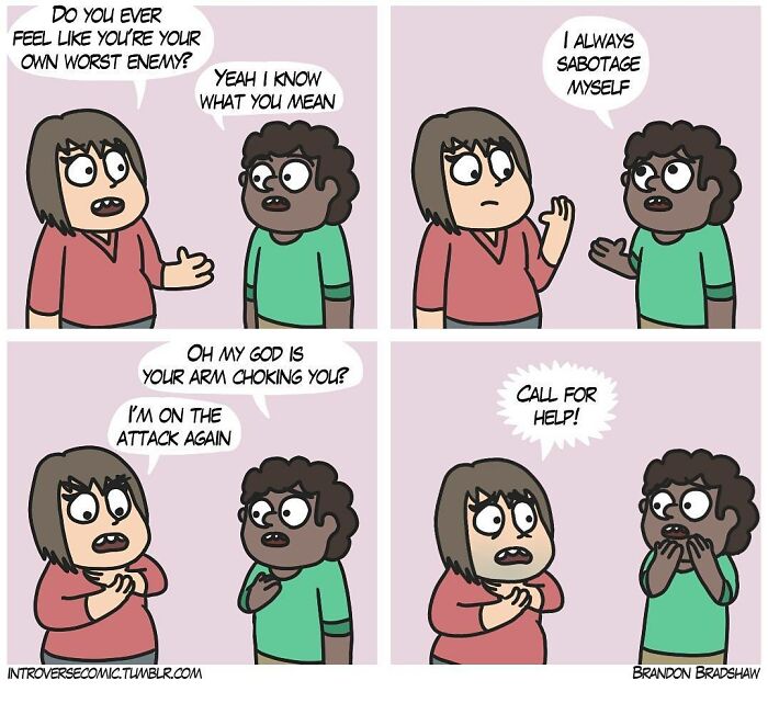 Two characters discussing self-sabotage in a comic strip with a dark twist and unexpected ending.