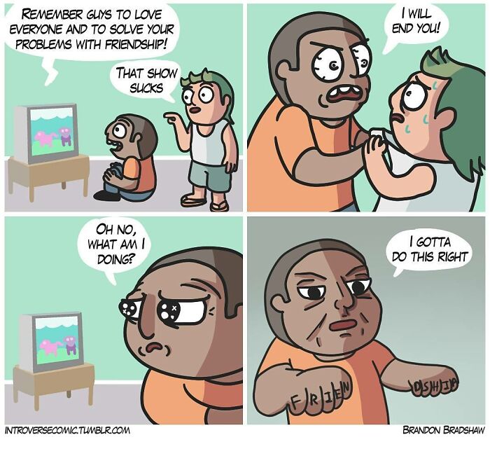 Comic strip showing a character's anger turning to regret and resolution, embodying dark comic twists and unexpected endings.