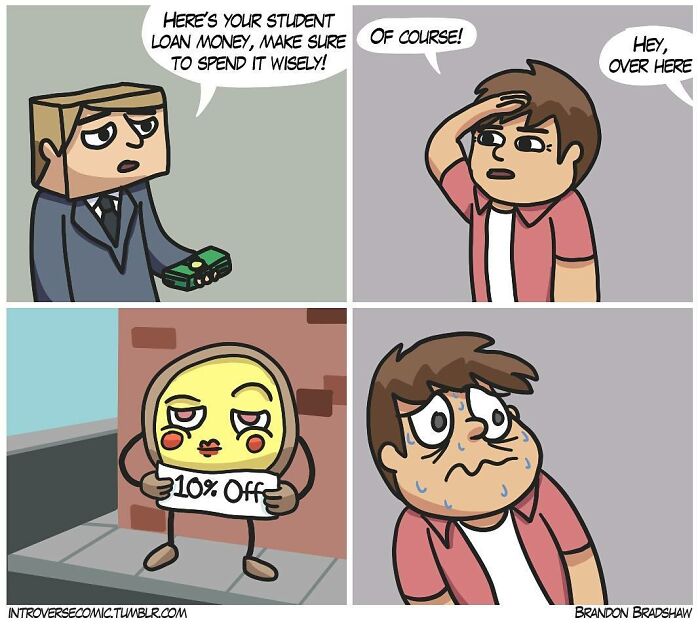 Comic strip showing dark comic with a twist, featuring student loan money and an unexpected 10% off character.