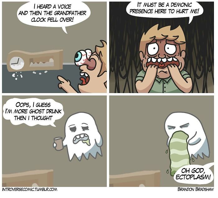 Dark comic panels showing a frightened man and a ghost with a twist, illustrating comics with dark twists and unexpected endings.