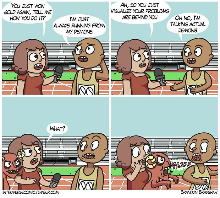 Comic panel showing a dark comic twist where an athlete talks about running from actual demons in a humorous setting.