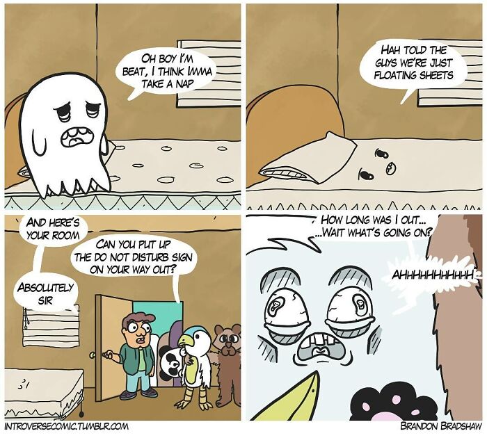 Dark comic panels featuring a ghost, floating sheets, and characters with unexpected twists and humorous endings.