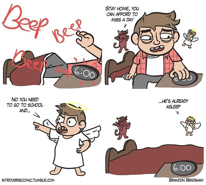 Dark comic strip shows a man with angel and devil characters debating going to school before he falls asleep again.