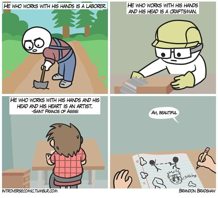 Dark comic strip showing a twist ending with a character drawing unexpected, humorous images in the final panel.
