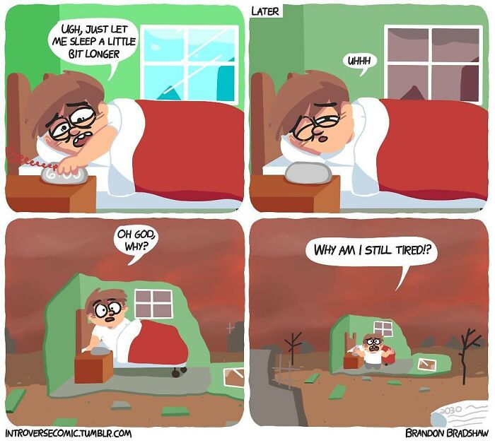 Dark comic by artist shows a tired character struggling to wake up with twists and unexpected endings in a simple bedroom setting.