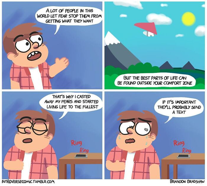 Comic strip by artist showing a character overcoming fear, highlighting dark comics with twists and unexpected endings theme.