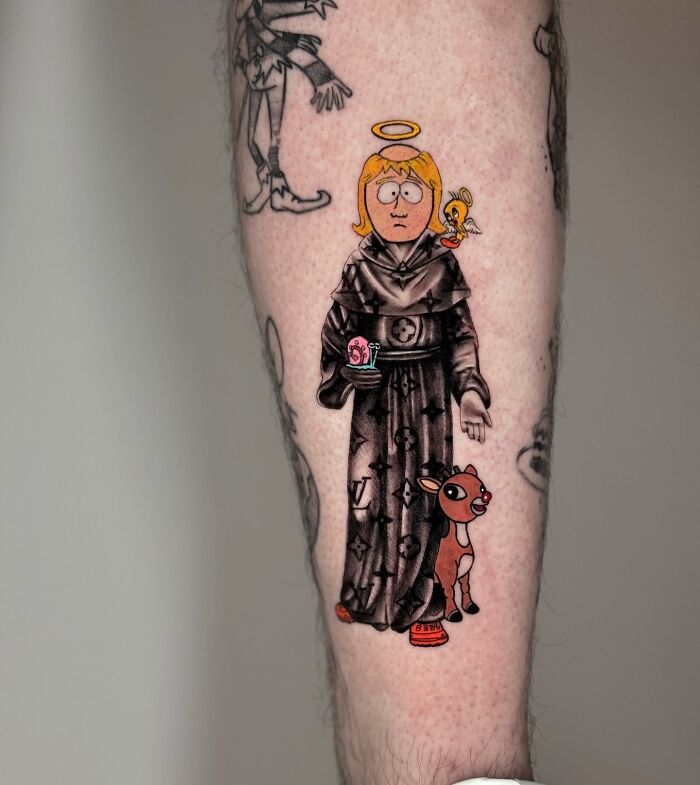 Tattoo on a leg fusing artistic styles: a haloed character holding a heart with a bird and a deer, showcasing seamless design.