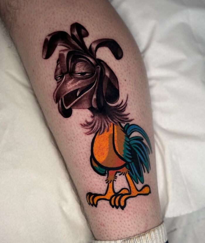 Tattoo merging two artistic styles depicting a colorful rooster with a surreal twist, by Mat Rule.