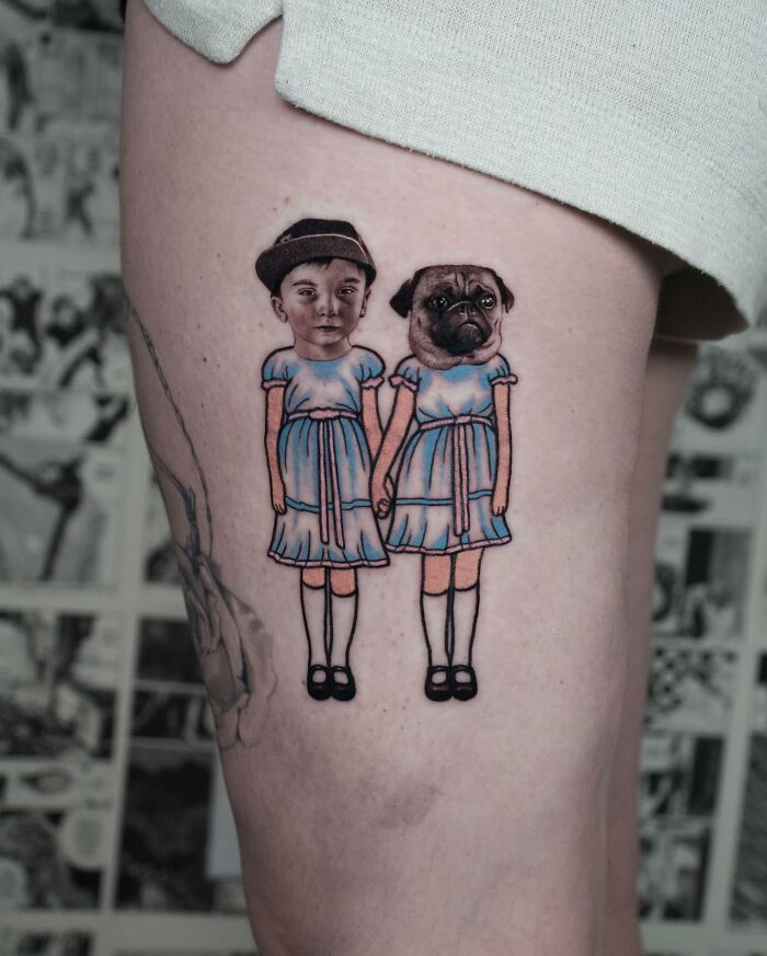 Tattoo blending two styles: a child and a pug in matching blue dresses.